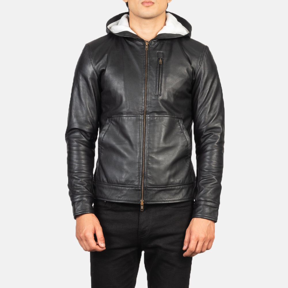 Detalle de cerca of Hooded &amp; Zipper Hardware on Men's Baston Black Hooded Leather Bomber Jacket