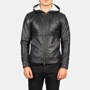 Detalle de cerca of Hooded &amp; Zipper Hardware on Men's Baston Black Hooded Leather Bomber Jacket