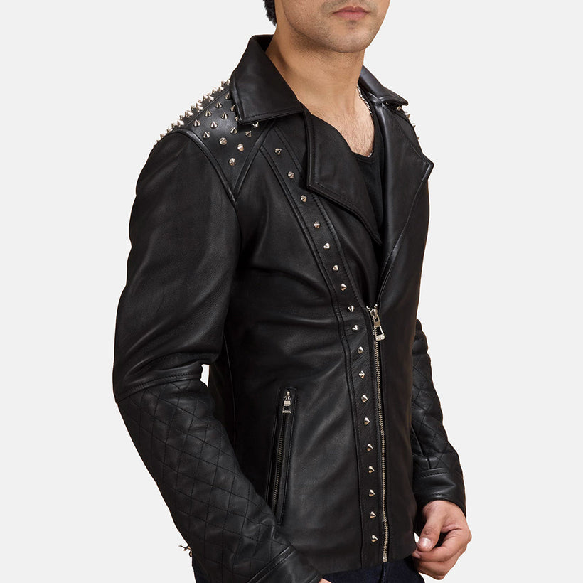 Negro Studded Chaqueta Biker de Cuero para Hombre