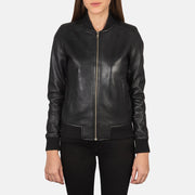 Detalle de cerca of Varsity - Rib Knit &amp; Zipper with Wind Flap Hardware on Women's Bliss Negro Cazadora Bomber de Cuero para Mujer