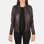 Women's Bliss Granate Cazadora Bomber de Cuero para Mujer in Maroon Sheepskin Leather - Vista frontal y silueta a medida | Comprar online