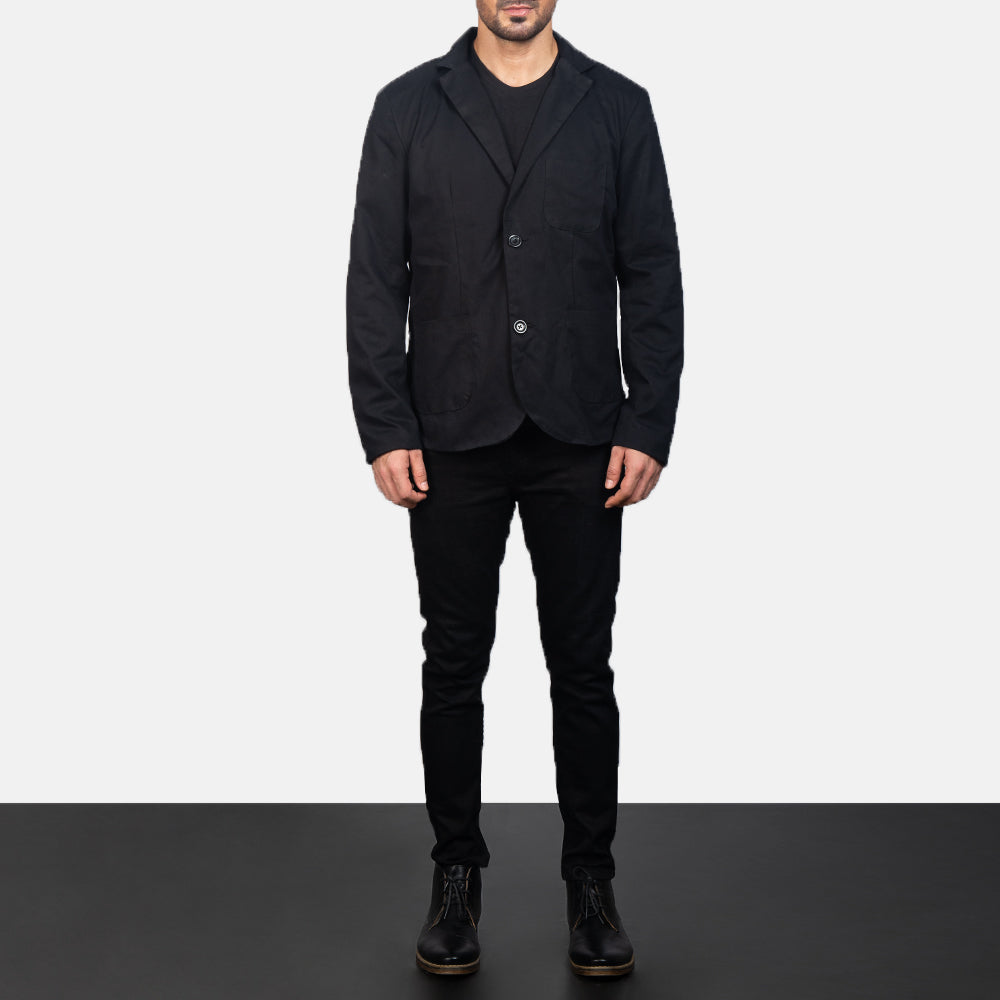 Borges Negro Blazer de Cuero para Hombre - Vista de perfil lateral con corte ergonómico de manga