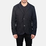 Detalle de cerca of Notch &amp; Button Hardware on Borges Negro Blazer de Cuero para Hombre