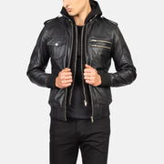 
Bravado Black Hooded Leather Bomber Jacket in Black Sheepskin Leather - Vista frontal y silueta entallada | Comprar online