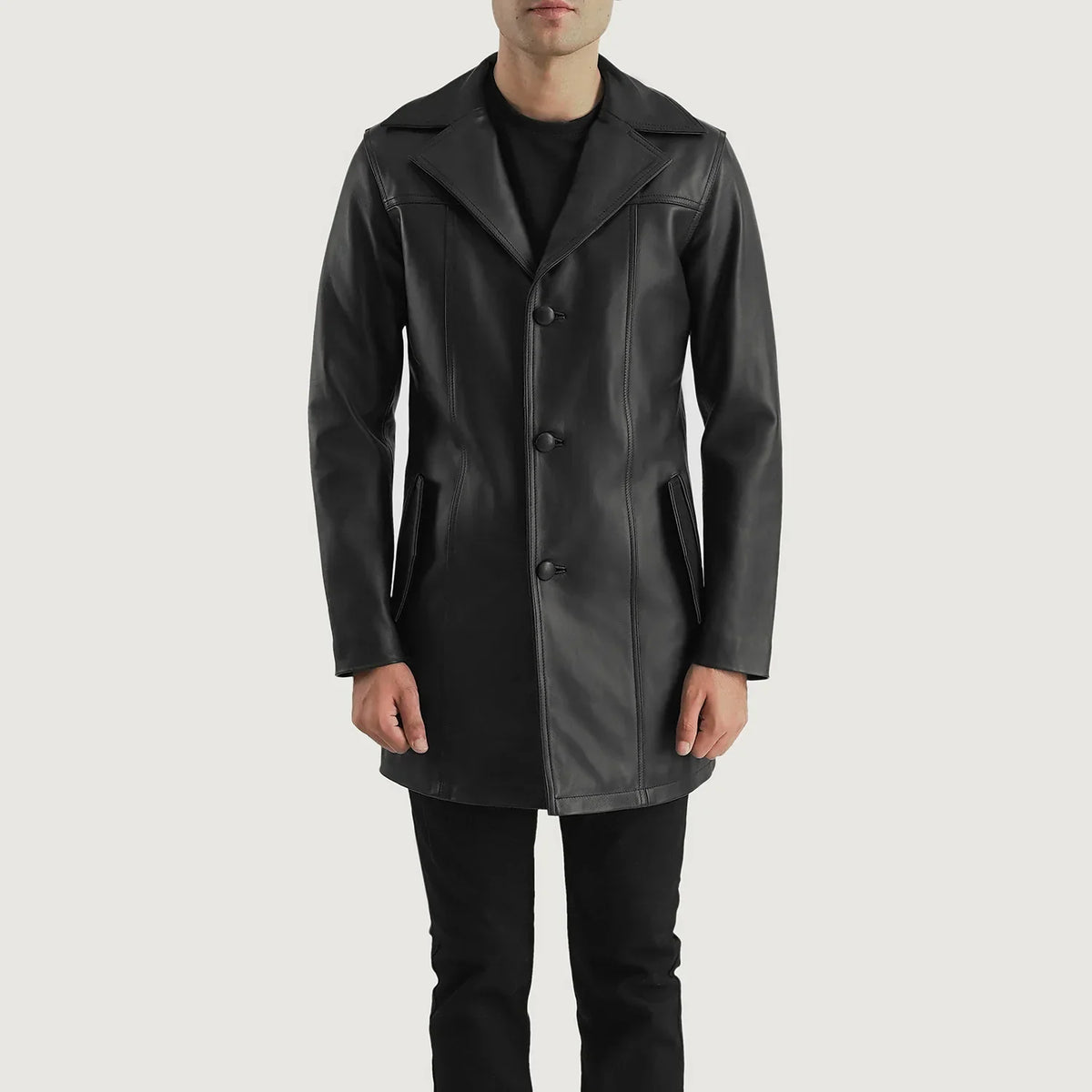 
Vista de detalle of Notch & Button Hardware on Brawnton Negro Abrigo de Cuero para Hombre