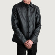 Bronco Negro Leather Shirt para Hombre in Black Sheepskin Leather - Vista frontal y silueta a medida | Comprar online