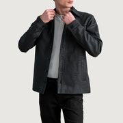 Bronco Tumbled Negro Leather Shirt para Hombre in Tumbled Black Sheepskin Leather - Vista frontal y silueta a medida | Comprar online