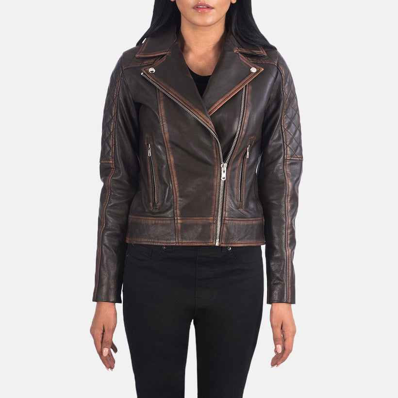 Women's Carolyn Quilted Vintage Brown Biker Jacket in Vintage Brown Goatskin Leather - Front Profile View & Tailored Silhouette | Buy Online