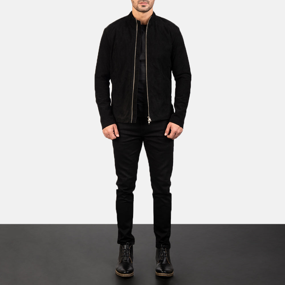 Men's Charcoal Negro Suede Chaqueta Biker de Cuero para Hombre - Vista de perfil lateral con corte ergonómico de manga