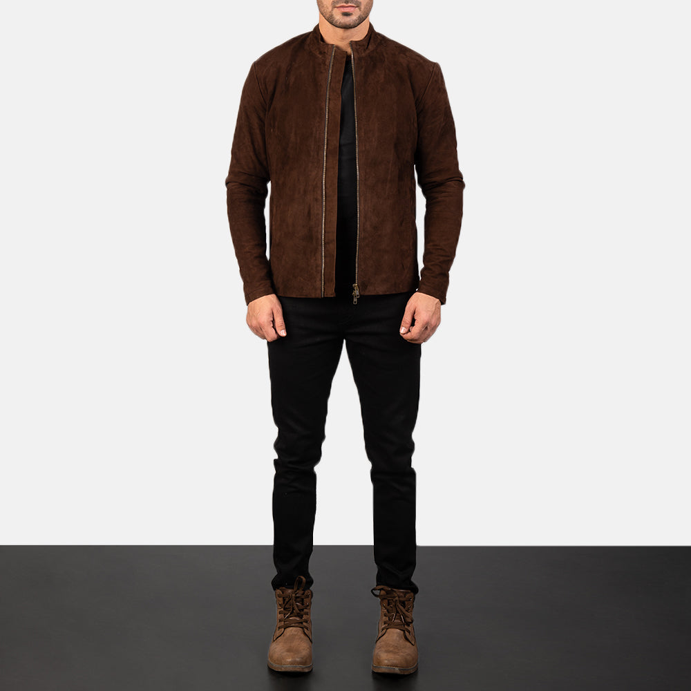 
Charcoal Moca Suede Chaqueta Biker de Cuero para Hombre - Vista lateral mostrando el corte ergonómico de mangas