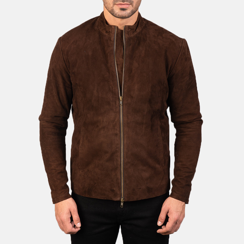 
Vista de detalle of Mandarin & Zipper with Dual Puller Hardware on Charcoal Moca Suede Chaqueta Biker de Cuero para Hombre