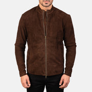 
Vista de detalle of Mandarin & Zipper with Dual Puller Hardware on Charcoal Moca Suede Chaqueta Biker de Cuero para Hombre