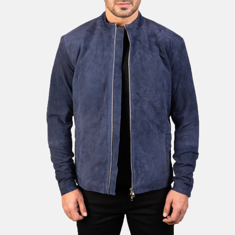 Charcoal Navy Azul Suede Chaqueta Biker de Cuero para Hombre