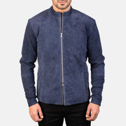 
Vista de detalle of Mandarin & Zipper with Dual Puller Hardware on Charcoal Navy Azul Suede Chaqueta Biker de Cuero para Hombre