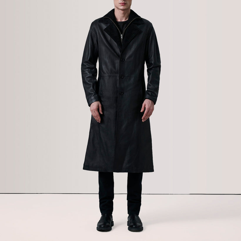 Charlton Negro Leather Single Breasted Abrigo de Cuero para Hombre