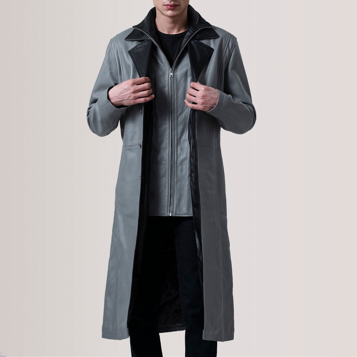 Charlton Gris Leather Single Breasted Abrigo de Cuero para Hombre For Men in Grey Sheepskin Leather - Vista frontal y silueta a medida | Comprar online