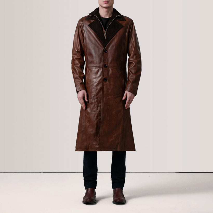 Charlton Waxed Marrón Leather Single Breasted Abrigo de Cuero para Hombre