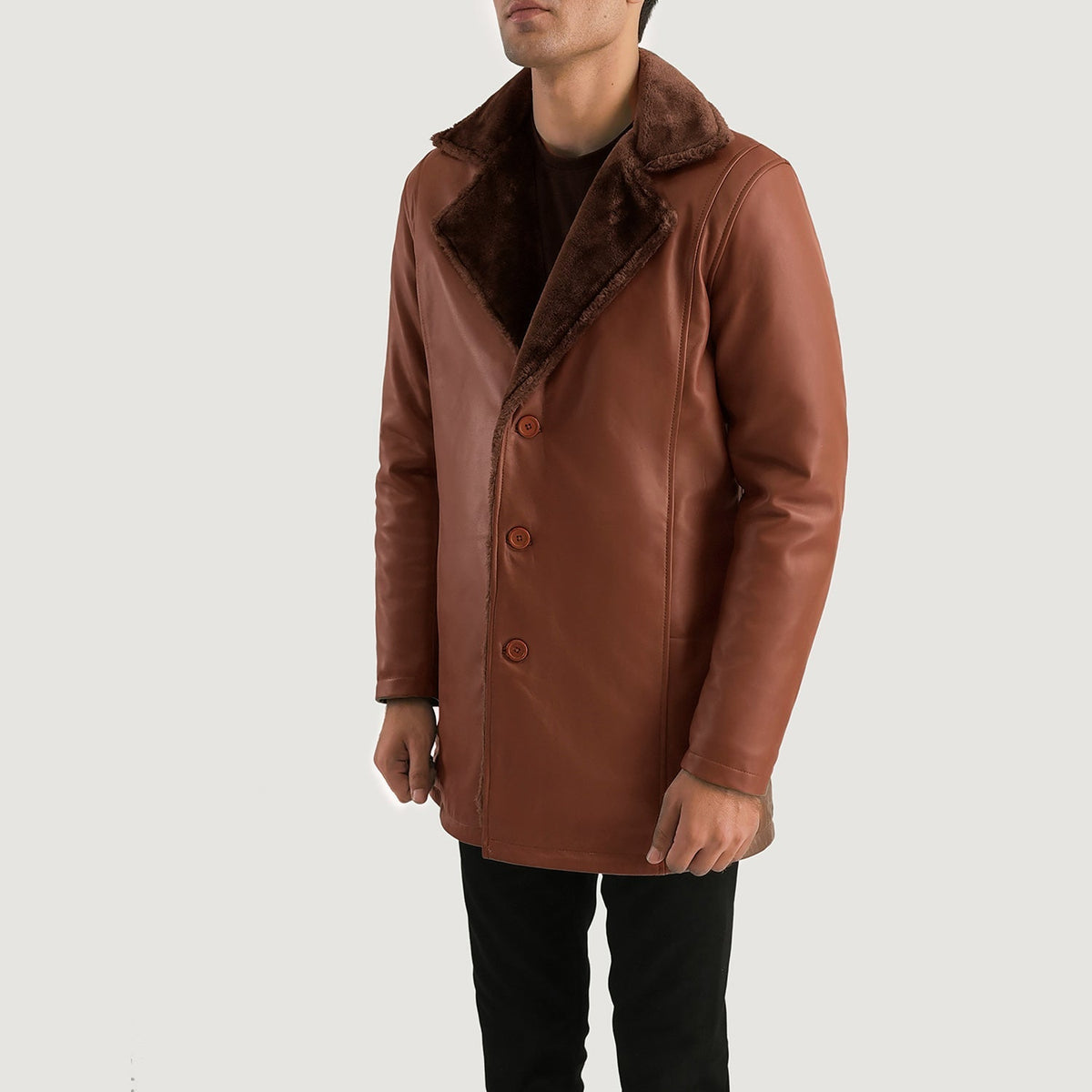Brown Sheepskin Burnishing Winter Jacket - Vista trasera con ajuste entallado en hombros y bajo impecable
