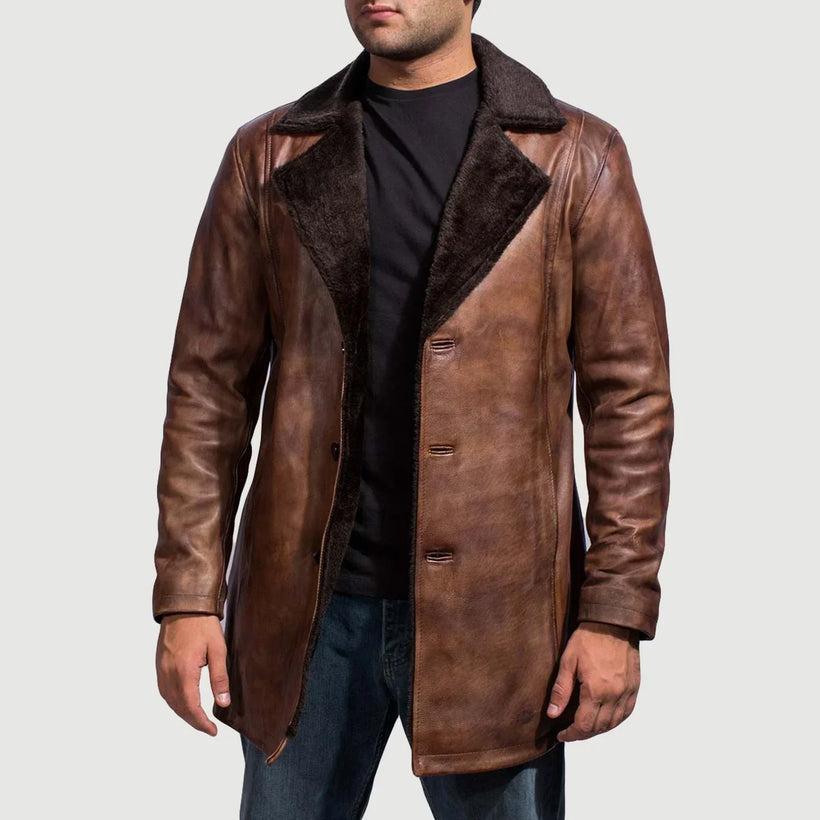 Cinnamon Efecto Envejecido Leather Fur Abrigo de Cuero para Hombre