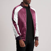 Maroon &amp; White Satin Aviator Jacket - Vista trasera con ajuste entallado en hombros y bajo impecable