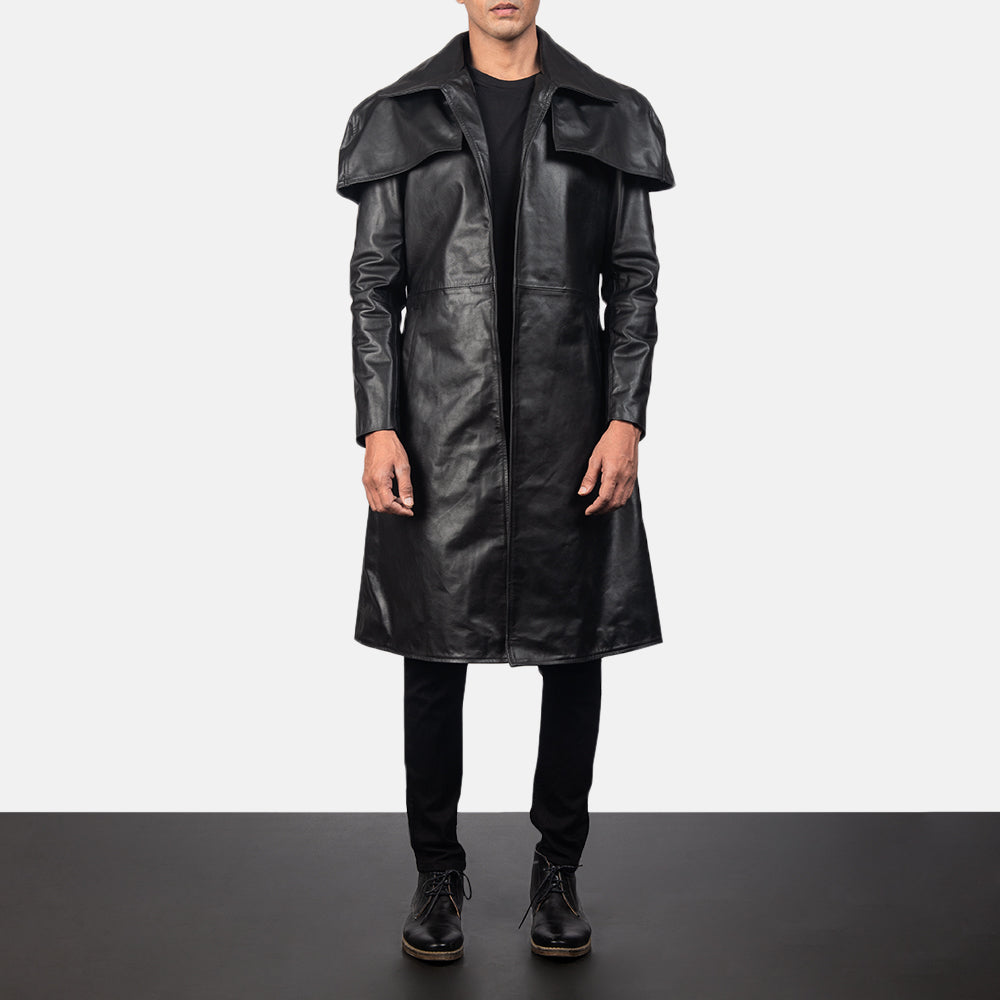 Men's Classic Negro Leather Duster para Hombre in Black Cowhide Leather - Vista frontal y silueta a medida | Comprar online