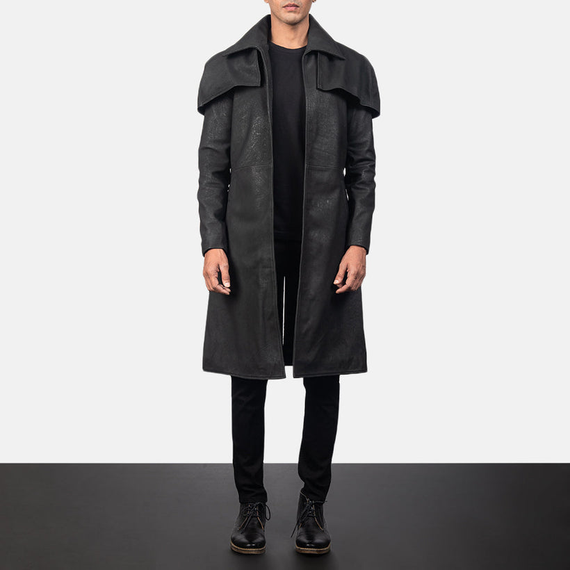 Classic Efecto Envejecido Negro Leather Duster para Hombre