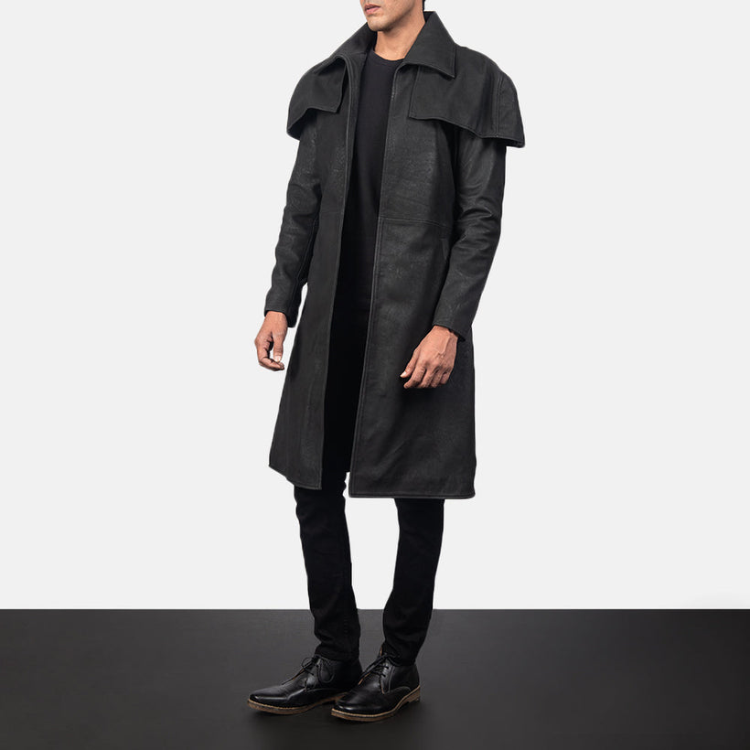 Classic Efecto Envejecido Negro Leather Duster para Hombre