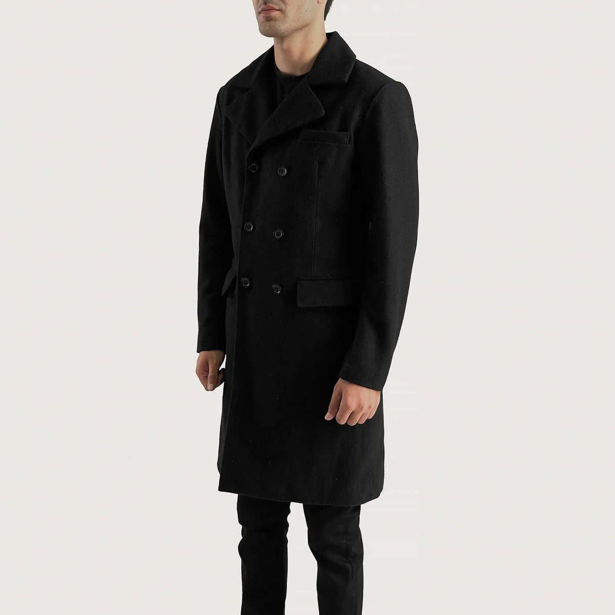 
Black Synthetic Wool Trench Coat - Vista posterior con hombros definidos y bajo impecable