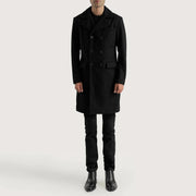 
Claud Black Wool Double Breasted Coat - Vista lateral mostrando el corte ergonómico de mangas