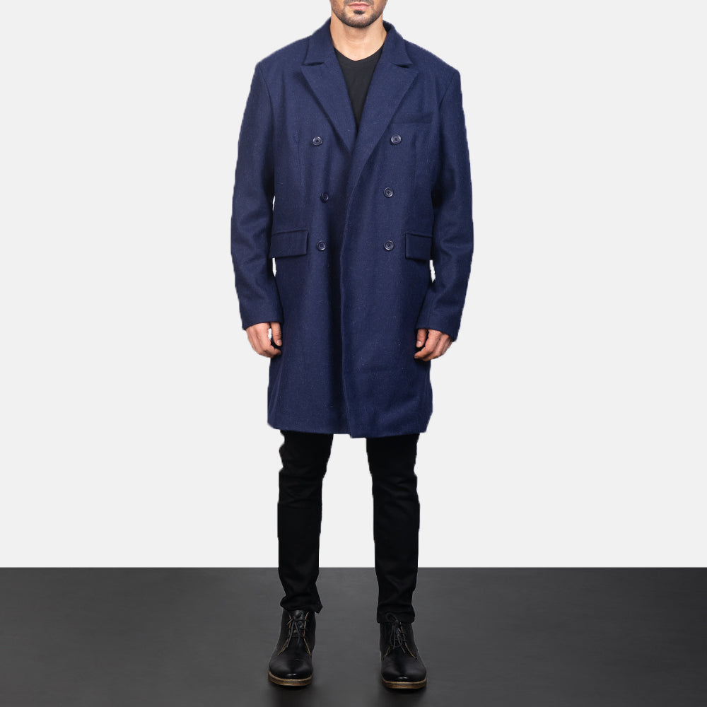 Blue Wool Double Breasted Coat in Navy Blue Synthetic Wool - Vista frontal y silueta entallada | Comprar online