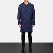 Blue Wool Double Breasted Coat - Vista de perfil mostrando el corte ergonómico de manga