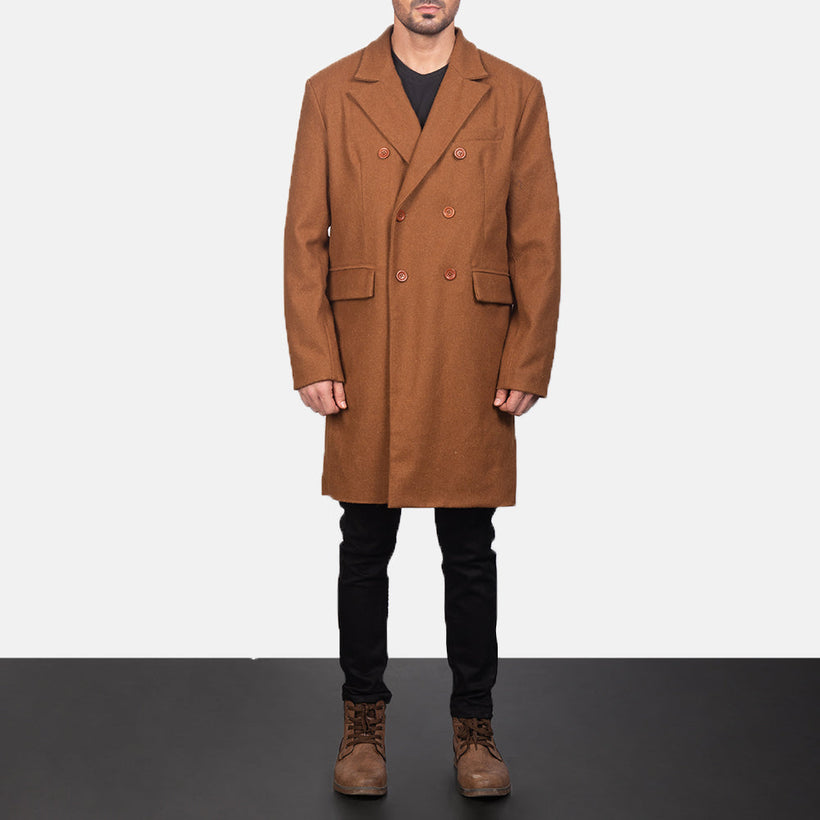Claud Khaki Wool Double-Breasted Abrigo de Cuero para Hombre