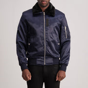Clyde B-15 Azul Cazadora Bomber de Cuero para Hombre in Blue Satin - Vista frontal y silueta a medida | Comprar online