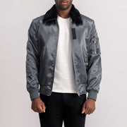 Clyde B-15 Grey Bomber Jacket - Vista de perfil lateral con corte ergonómico de manga