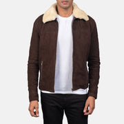 Men's Coffner Marrón Shearling Fur Chaqueta de Cuero para Hombre in Distressed Brown Goatskin Suede - Vista frontal y silueta a medida | Comprar online