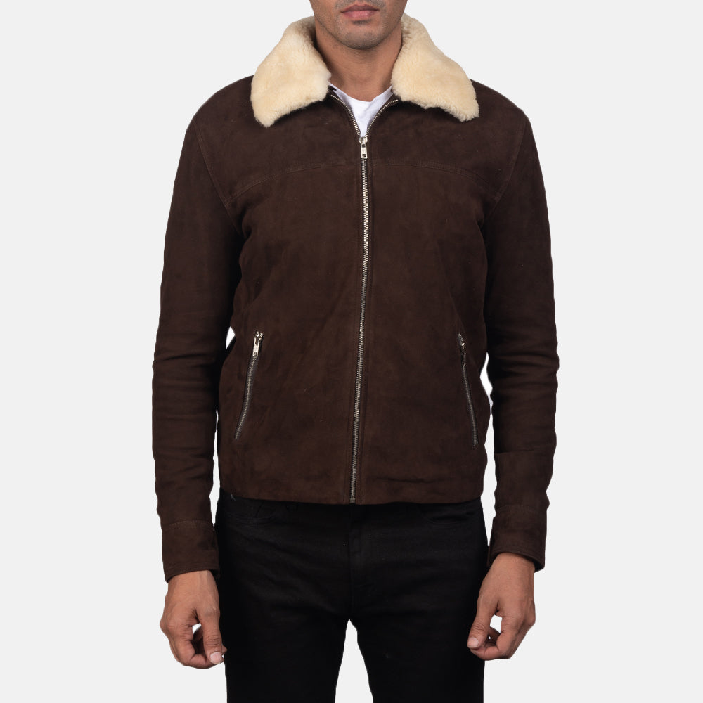 Detalle de cerca of Shirt with Removable Fur Collar &amp; Zipper Hardware on Men's Coffner Marrón Shearling Fur Chaqueta de Cuero para Hombre