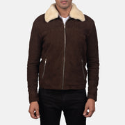Detalle de cerca of Shirt with Removable Fur Collar &amp; Zipper Hardware on Men's Coffner Marrón Shearling Fur Chaqueta de Cuero para Hombre