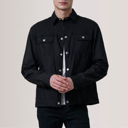 Colberto Negro Waxed Canvas Trucker Chaqueta de Cuero para Hombre For Men in Black Waxed Cotton Canvas - Vista frontal y silueta a medida | Comprar online