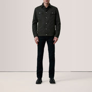 Olive Waxed Cotton Canvas Leather Jacket - Vista trasera con ajuste entallado en hombros y bajo impecable