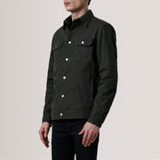 Colberto Olive Waxed Canvas Trucker Chaqueta de Cuero para Hombre For Men - Vista de perfil lateral con corte ergonómico de manga