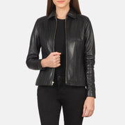 Women Colette Negro Chaqueta de Cuero para Mujer in Black Sheepskin Leather - Vista frontal y silueta a medida | Comprar online