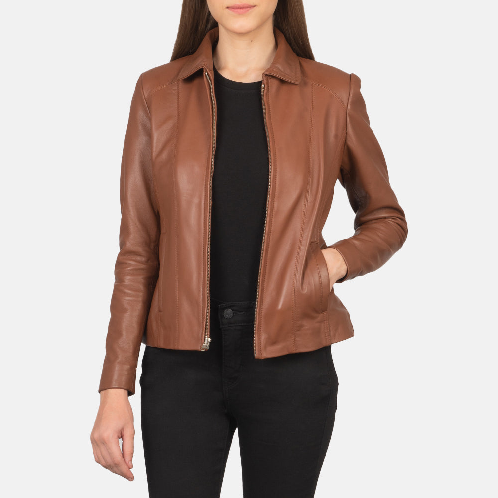 Women Colette Marrón Chaqueta de Cuero para Mujer in Brown Sheepskin Leather - Vista frontal y silueta a medida | Comprar online