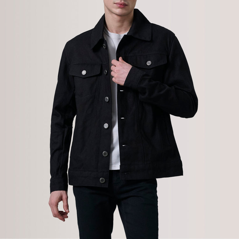 Conard Negro Denim Trucker Chaqueta de Cuero para Hombre