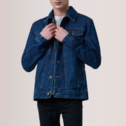 Conard Dark Azul Denim Trucker Chaqueta de Cuero para Hombre For Men in Dark Blue Full-Grain Leather - Vista frontal y silueta a medida | Comprar online