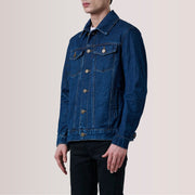 Conard Dark Azul Denim Trucker Chaqueta de Cuero para Hombre For Men - Vista de perfil lateral con corte ergonómico de manga