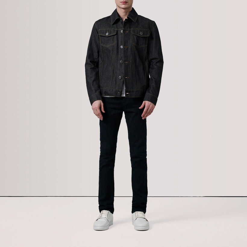 Conard Faded Negro Denim Trucker Chaqueta de Cuero para Hombre