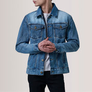 Conard Ice Azul Denim Trucker Chaqueta de Cuero para Hombre For Men in Ice Blue Full-Grain Leather - Vista frontal y silueta a medida | Comprar online