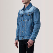 Conard Ice Azul Denim Trucker Chaqueta de Cuero para Hombre For Men - Vista de perfil lateral con corte ergonómico de manga