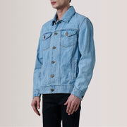 
Conard Light Azul Denim Trucker Chaqueta de Cuero para Hombre For Men - Vista lateral mostrando el corte ergonómico de mangas
