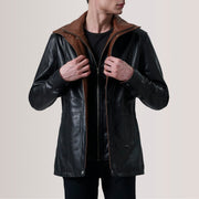 Connor Black Leather Coat For Men in Black Sheepskin Leather - Vista frontal y silueta a medida | Comprar online